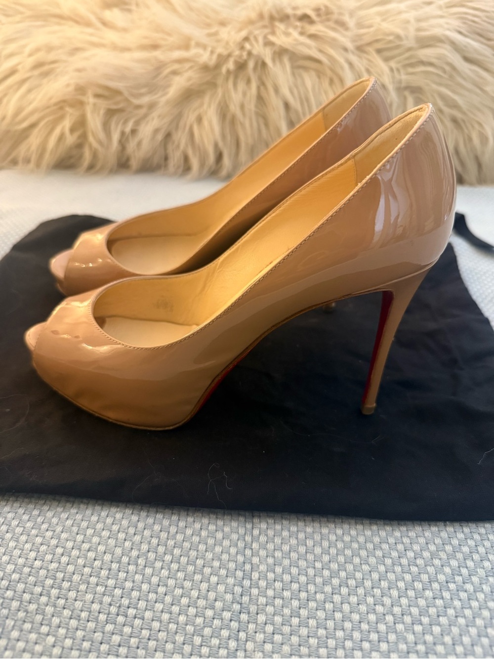 Christian Louboutin Nude Patent Peep-Toe Pumps with Red Sole